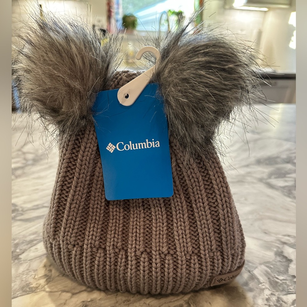 Columbia Kids' Grey Knit Hat with Faux Fur Pom Poms, NWT